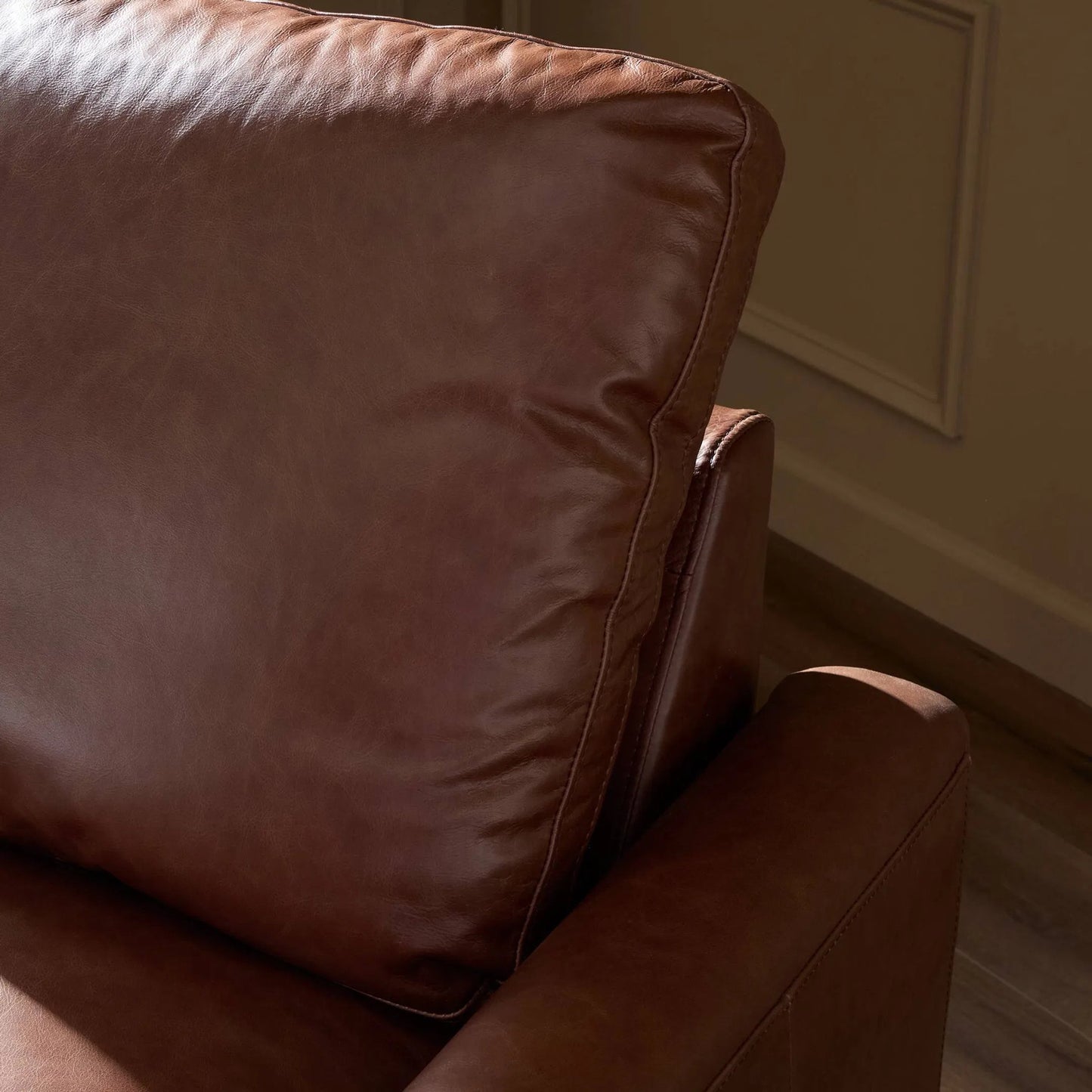 017 SI-2519324 | Closeup | Tillery Power Recliner Accent Chair by Four Hands in sonoma coco. Made from top grain leather in a traditional style.