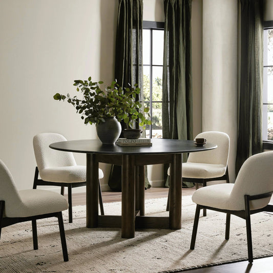 Rohan Dining Table by Four Hands in black marble. Made from solid marble, solid mixed reclaimed wood, iron in a modern style.