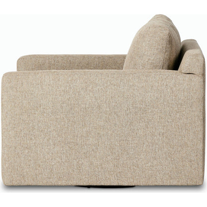 Hampton Swivel Chair by Four Hands in delta sand. Made from 97.42% olefin 2.58% polyester, pine plywood, 100% polyester in a modern style.