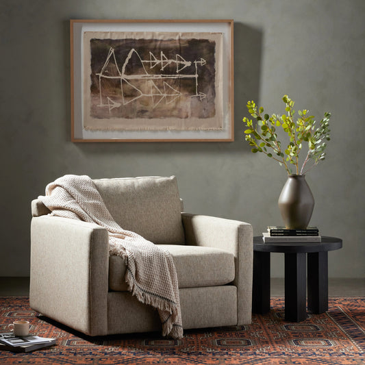Hampton Swivel Chair by Four Hands in delta sand. Made from 97.42% olefin 2.58% polyester, pine plywood, 100% polyester in a modern style.