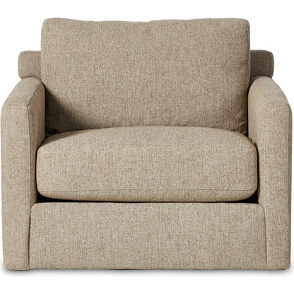 Hampton Swivel Chair by Four Hands in delta sand. Made from 97.42% olefin 2.58% polyester, pine plywood, 100% polyester in a modern style.