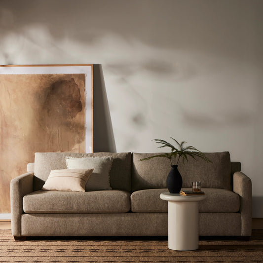 Hampton Sofa by Four Hands in delta sand. Made from 97.42% olefin 2.58% polyester, pine plywood, 100% polyester in a modern style.