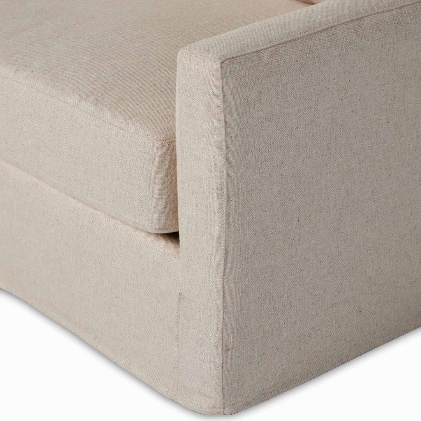 031 SI-2001429 | Closeup | Hampton Slipcover Sofa by Four Hands in evere oatmeal. Made from 51% rayon, 22% linen, 16% polyester, 11% cotton, pine plywood, 100% polyester in a modern style.