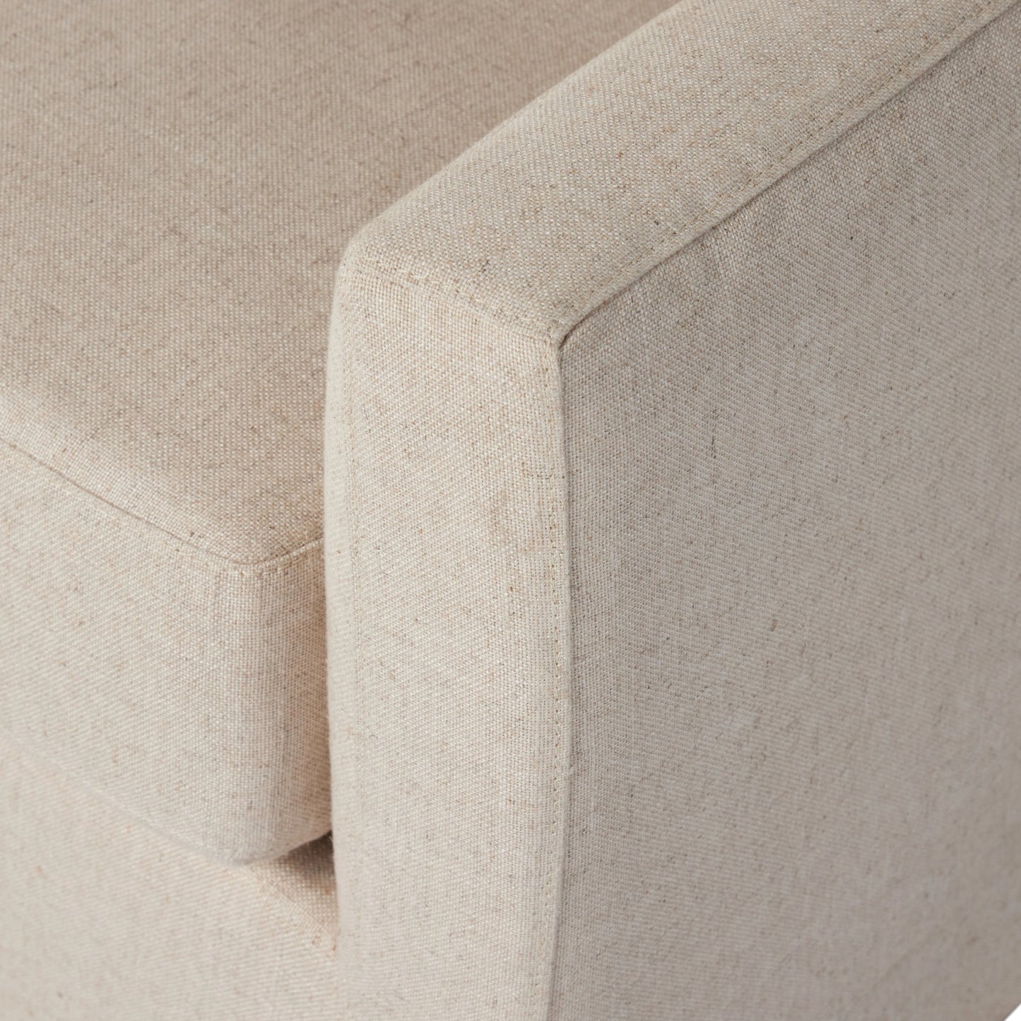 007 SI-2001429 | Closeup | Hampton Slipcover Sofa by Four Hands in evere oatmeal. Made from 51% rayon, 22% linen, 16% polyester, 11% cotton, pine plywood, 100% polyester in a modern style.