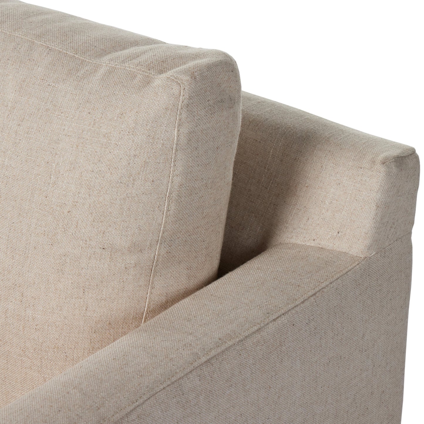 009 SI-2001429 | Closeup | Hampton Slipcover Sofa by Four Hands in evere oatmeal. Made from 51% rayon, 22% linen, 16% polyester, 11% cotton, pine plywood, 100% polyester in a modern style.
