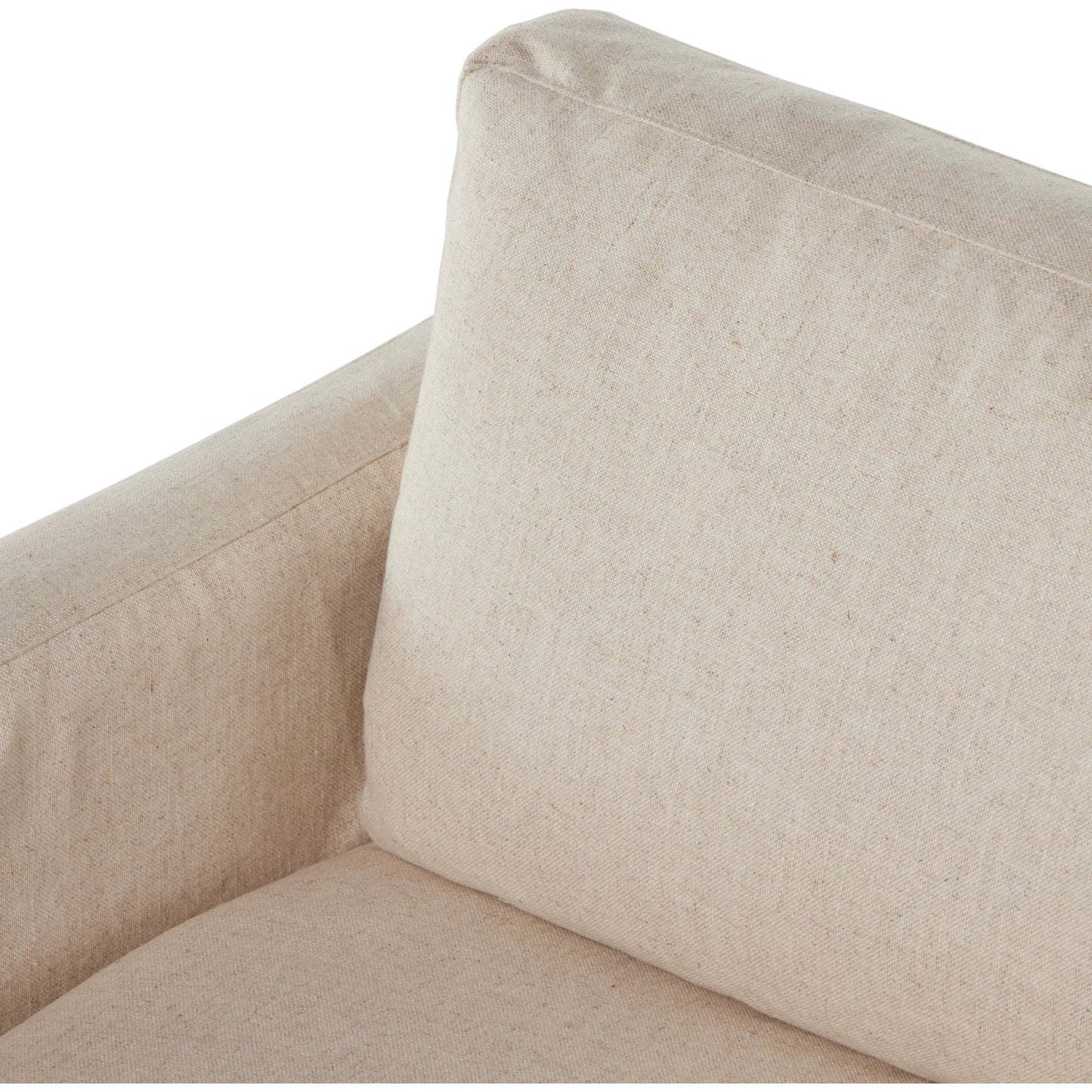 012 SI-2001429 | Closeup | Hampton Slipcover Sofa by Four Hands in evere oatmeal. Made from 51% rayon, 22% linen, 16% polyester, 11% cotton, pine plywood, 100% polyester in a modern style.