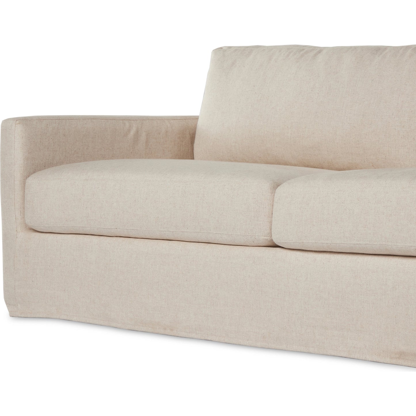 014 SI-2001429 | Closeup | Hampton Slipcover Sofa by Four Hands in evere oatmeal. Made from 51% rayon, 22% linen, 16% polyester, 11% cotton, pine plywood, 100% polyester in a modern style.