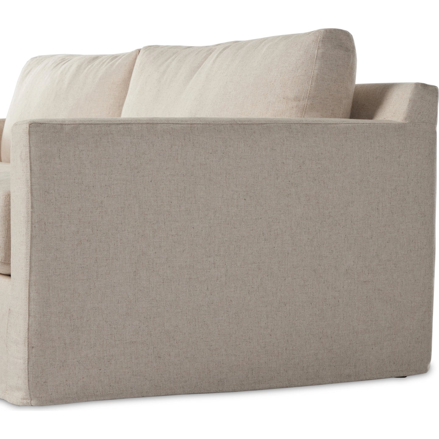 015 SI-2001429 | Closeup | Hampton Slipcover Sofa by Four Hands in evere oatmeal. Made from 51% rayon, 22% linen, 16% polyester, 11% cotton, pine plywood, 100% polyester in a modern style.