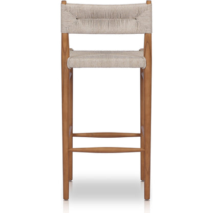 Lomas Bar Stool by Four Hands in vintage white and natural teak. Made from solid teak, 100% polyethylene in a modern style.