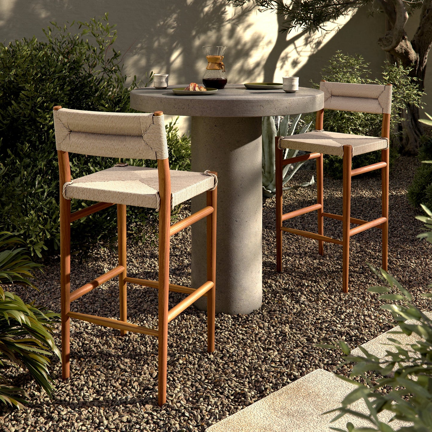 012 SI-2074439 | Lifestyle | Lomas Bar Stool by Four Hands in vintage white and natural teak. Made from solid teak, 100% polyethylene in a modern style.