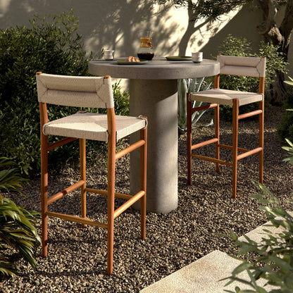 Lomas Bar Stool by Four Hands in vintage white and natural teak. Made from solid teak, 100% polyethylene in a modern style.