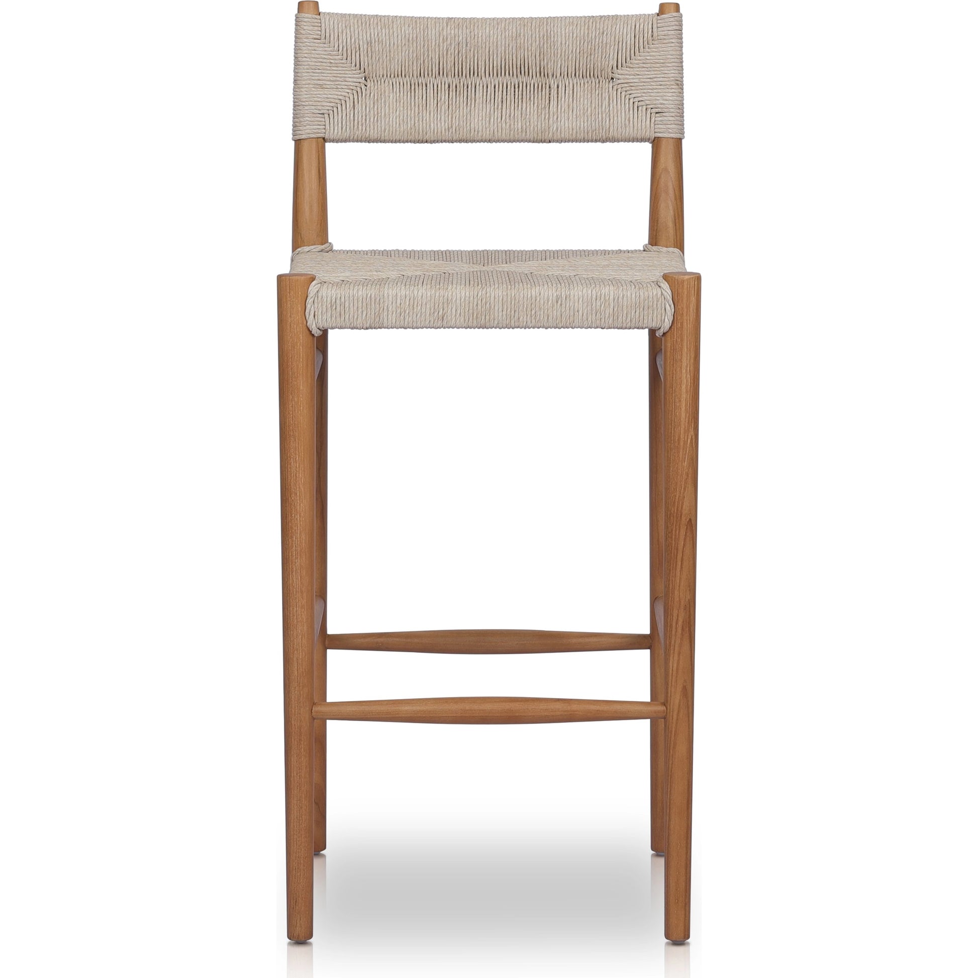 Lomas Bar Stool by Four Hands in vintage white and natural teak. Made from solid teak, 100% polyethylene in a modern style.
