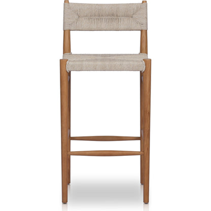 Lomas Bar Stool by Four Hands in vintage white and natural teak. Made from solid teak, 100% polyethylene in a modern style.