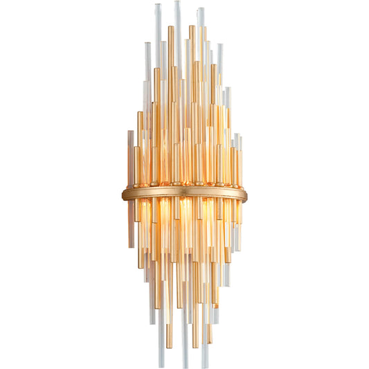 Theory Wall Sconce by Corbett in gold leaf with polished stainless. Made from crafted iron in a modern style.