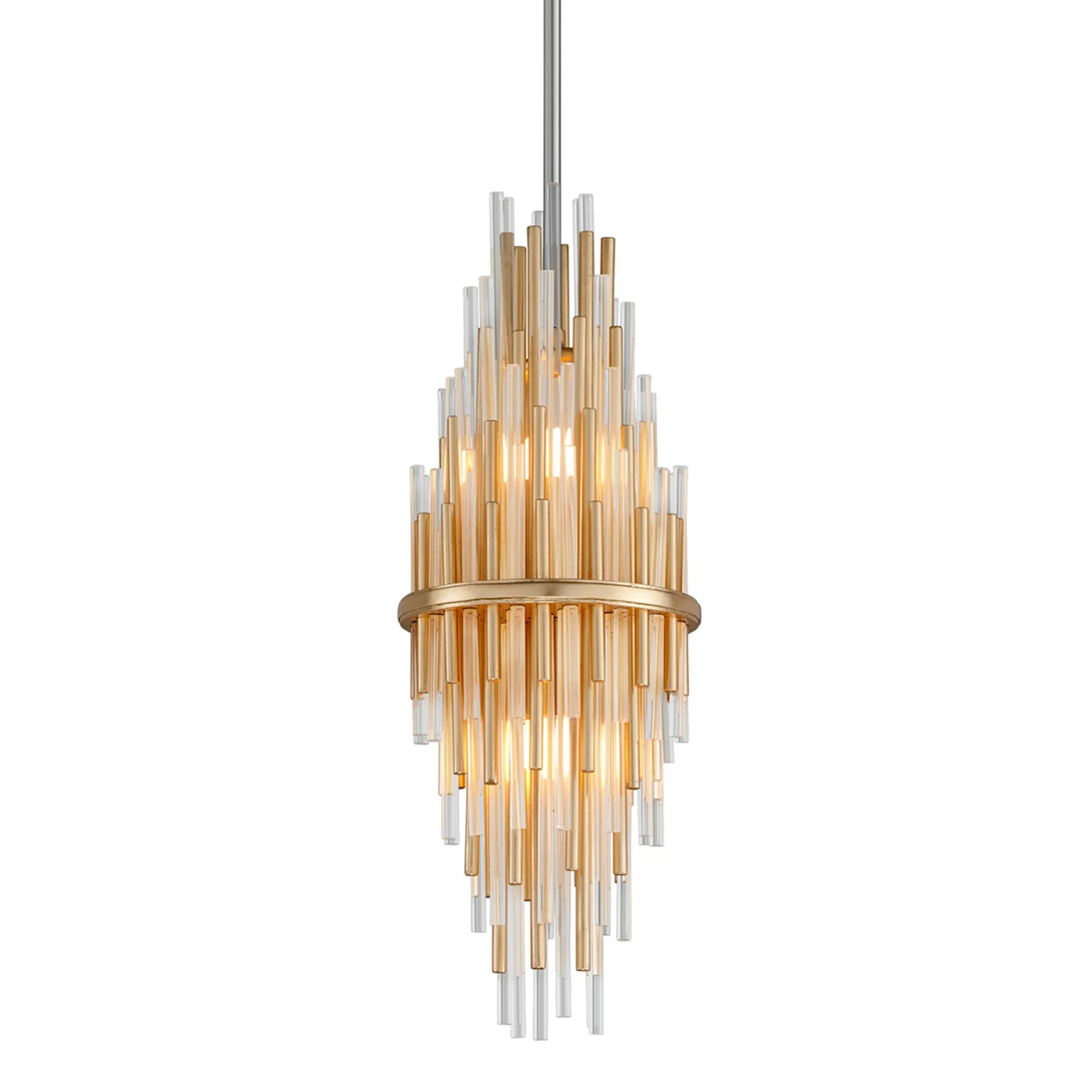 Theory Pendant by Corbett in gold leaf, stainless steel. Made from crafted iron in a modern style.