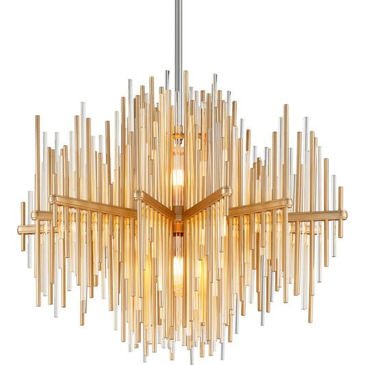 Theory Pendant by Corbett in gold leaf with polished stainless. Made from crafted iron in a modern style.