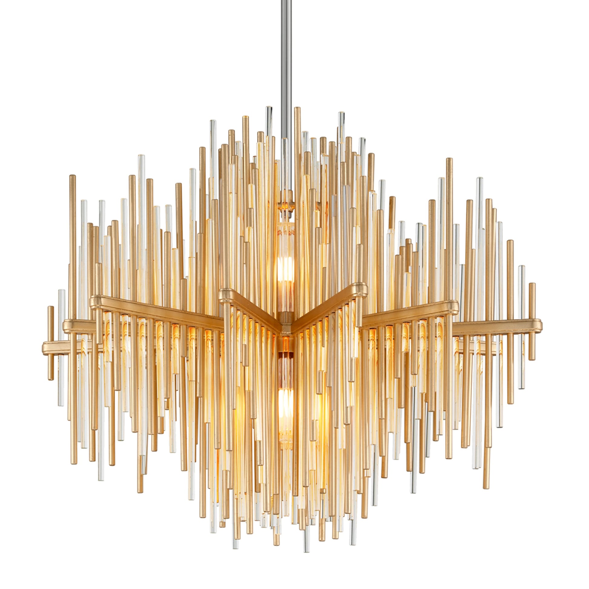 Theory Chandelier by Corbett in gold leaf, stainless steel. Made from crafted iron in a modern style.