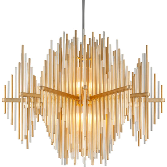 Theory Chandelier by Corbett in gold leaf, stainless steel. Made from crafted iron in a unique style.