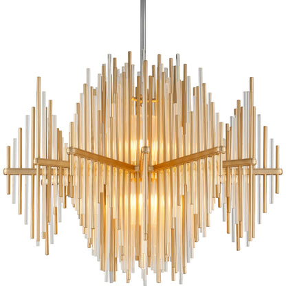 Theory Chandelier by Corbett in gold leaf, stainless steel. Made from crafted iron in a modern style.