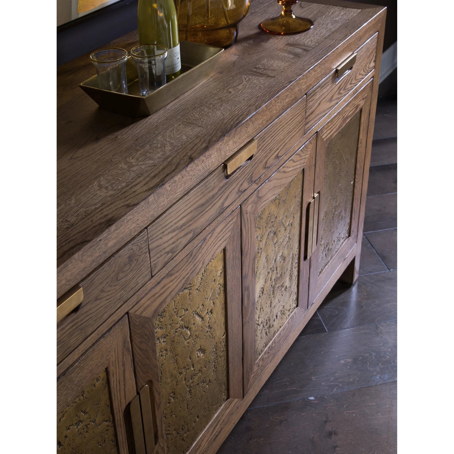 004 SI-2540394 | Closeup | Barnaby Buffet by Artistica Home in champagne bronze. Made from white oak in a unique style.