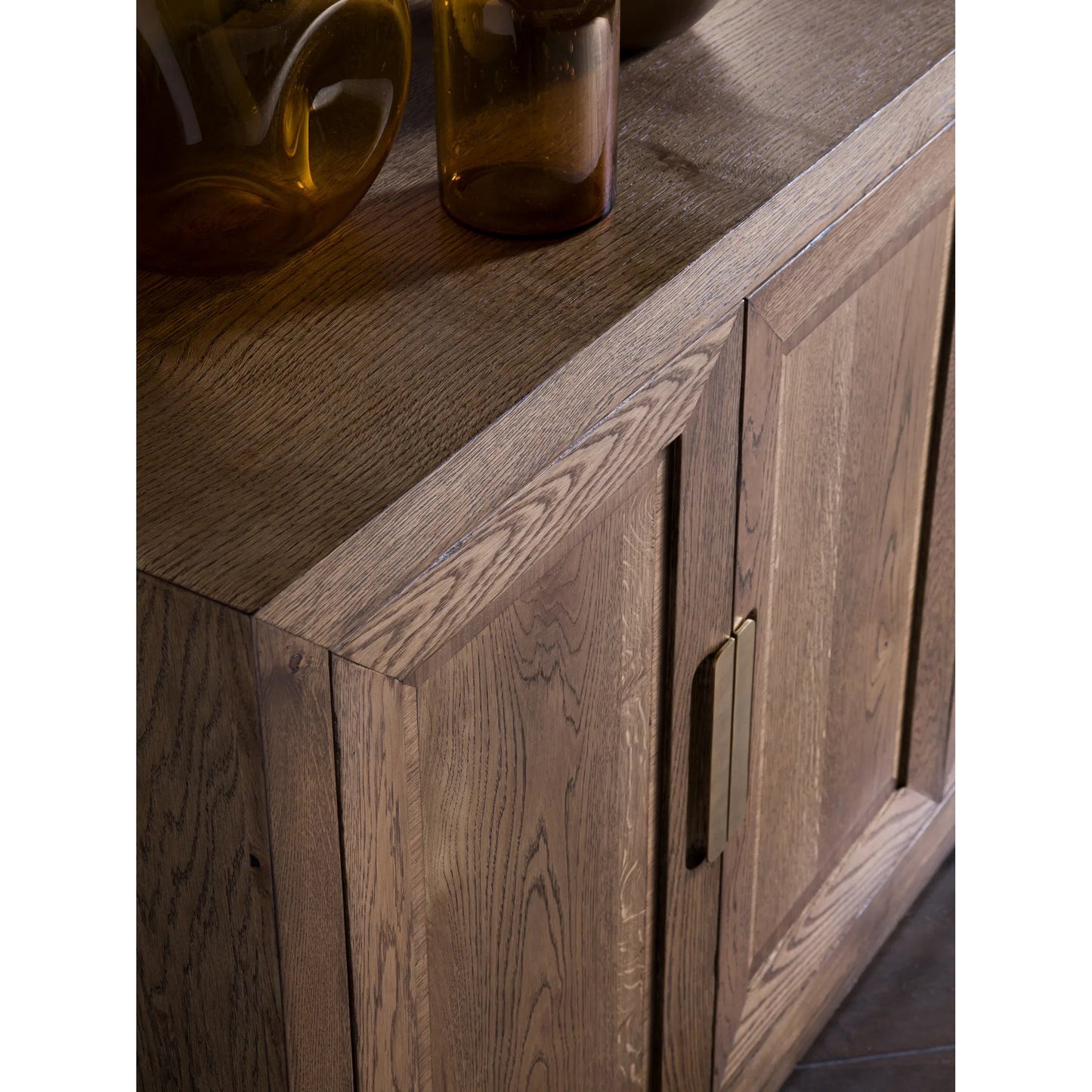 004 SI-2540398 | Closeup | Barnaby Media Console by Artistica Home in champagne bronze. Made from white oak in a unique style.