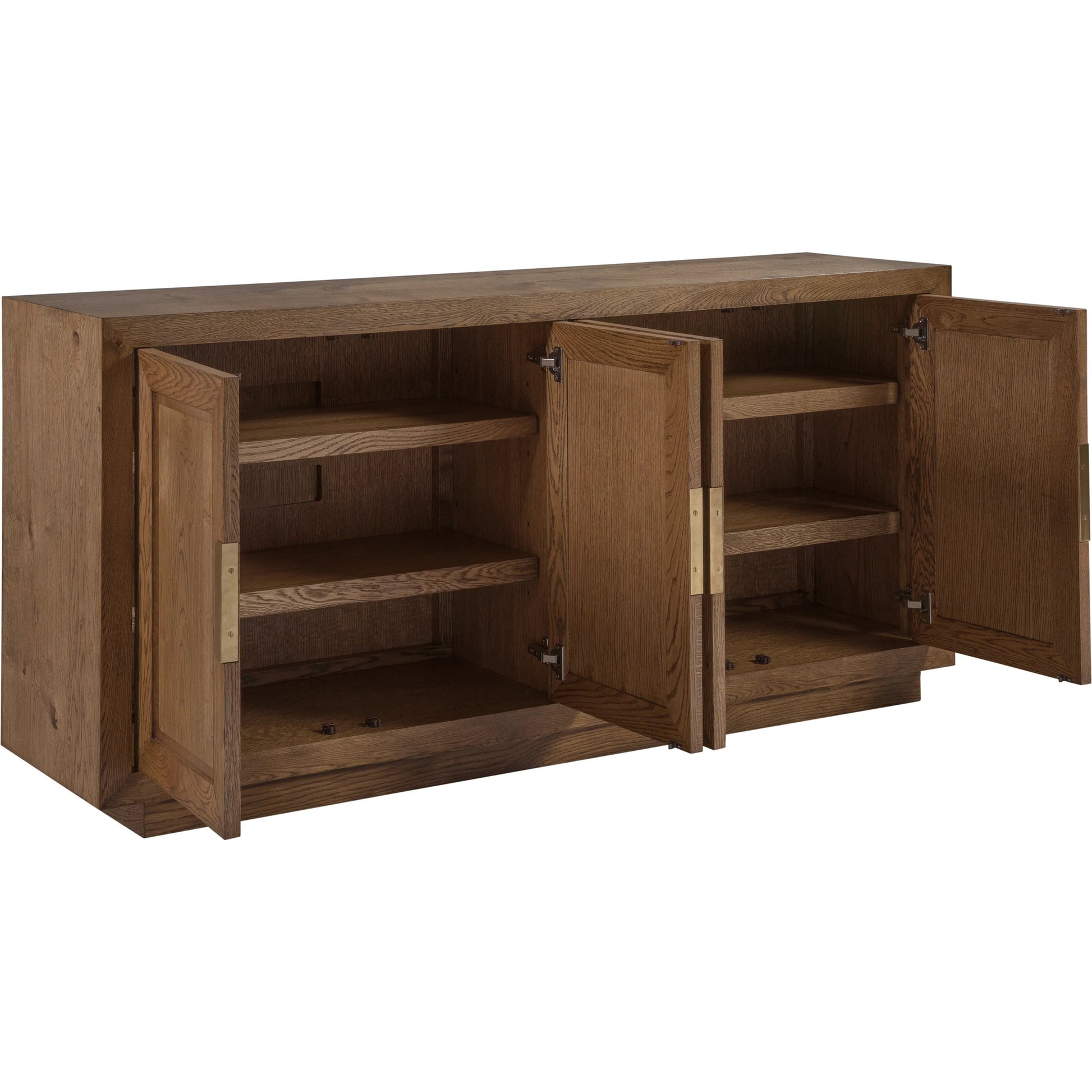 Barnaby Media Console by Artistica Home in champagne bronze. Made from white oak in a unique style.