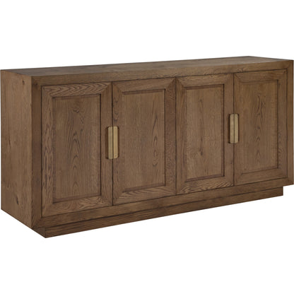 Barnaby Media Console by Artistica Home in champagne bronze. Made from white oak in a unique style.