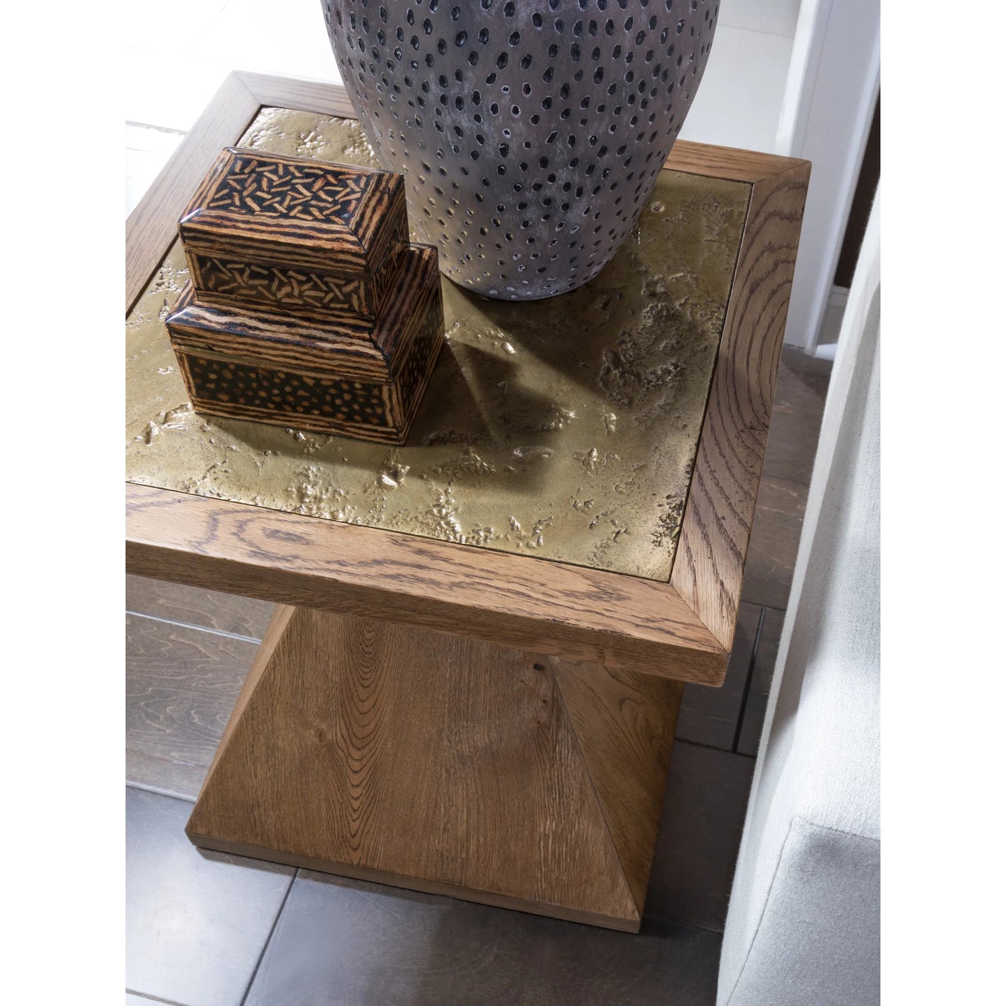 004 SI-2540401 | Closeup | Barnaby Square End Table by Artistica Home in champagne bronze. Made from white oak in a unique style.