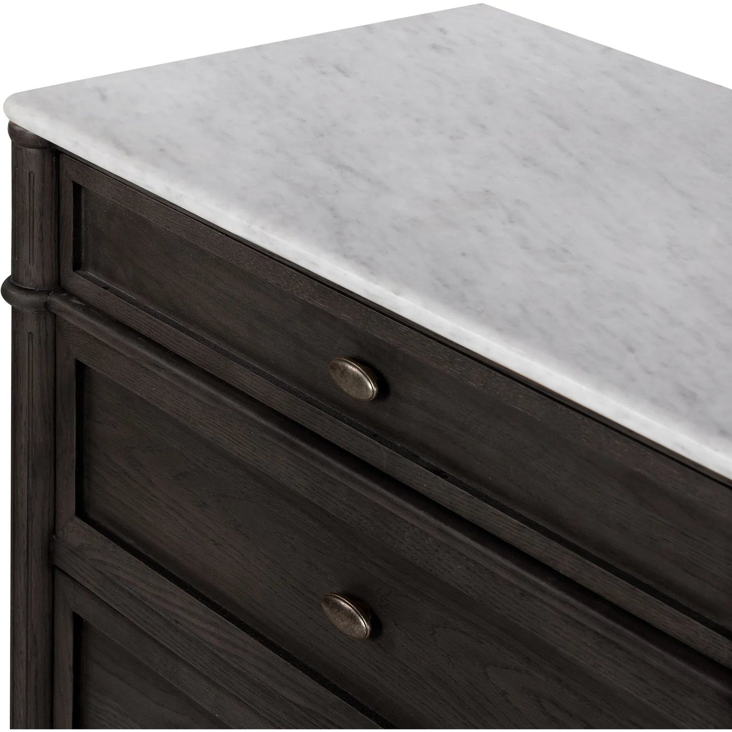 047 SI-2137662 | Closeup | Toulouse 6 Drawer Dresser by Four Hands in toasted oak veneer and distressed black oak, polished white marble. Made from unique in a modern style.