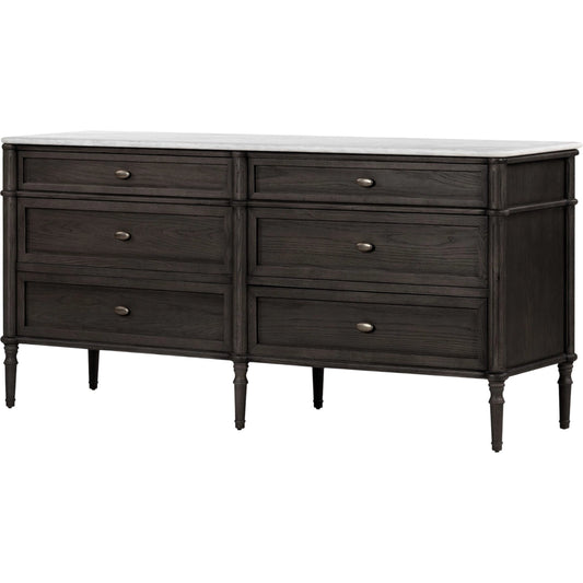 Toulouse 6 Drawer Dresser by Four Hands in toasted oak veneer and distressed black oak, polished white marble. Made from unique in a modern style.