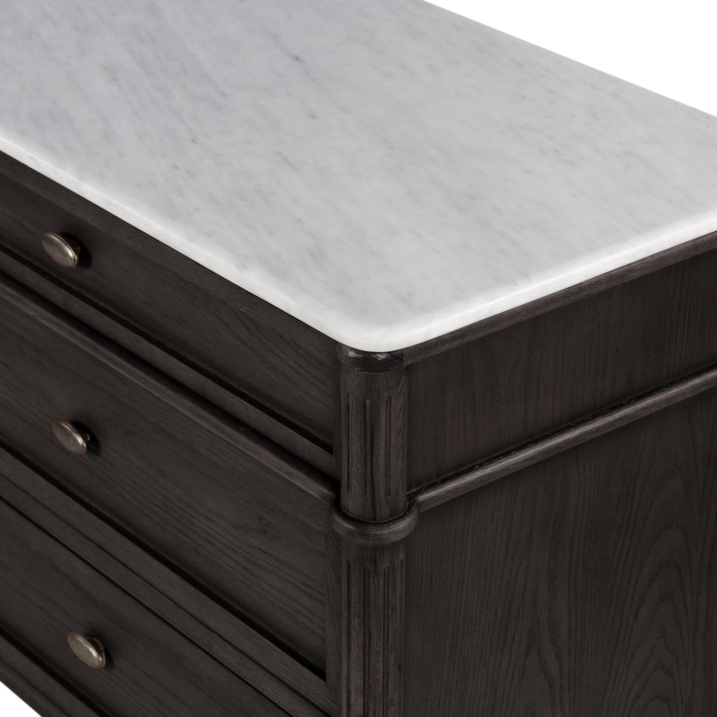 042 SI-2137662 | Closeup | Toulouse 6 Drawer Dresser by Four Hands in toasted oak veneer and distressed black oak, polished white marble. Made from unique in a modern style.