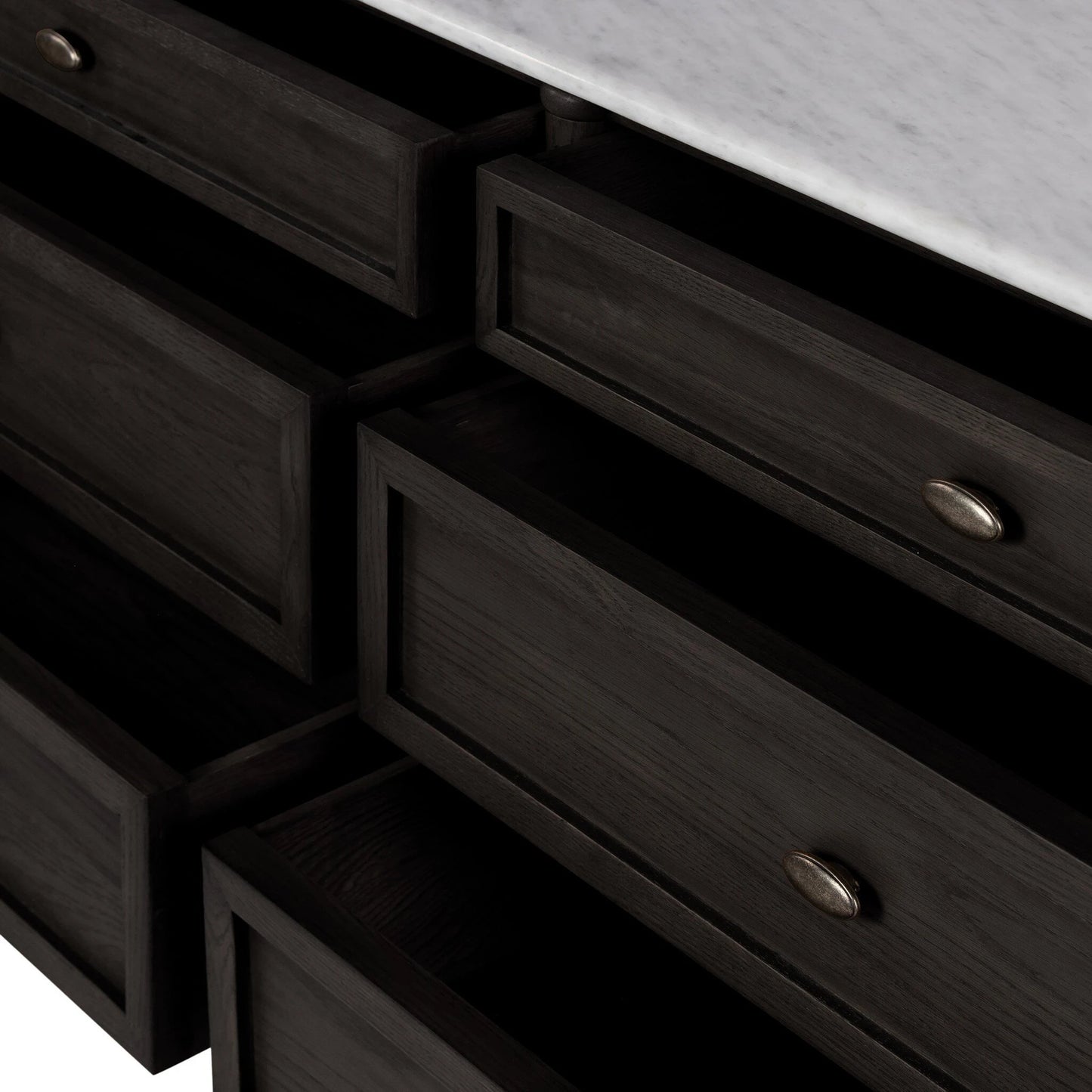 044 SI-2137662 | Closeup | Toulouse 6 Drawer Dresser by Four Hands in toasted oak veneer and distressed black oak, polished white marble. Made from unique in a modern style.