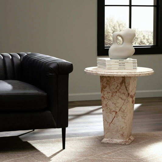 Eslo End Table by Four Hands in desert taupe marble. Made from solid marble in a modern style.