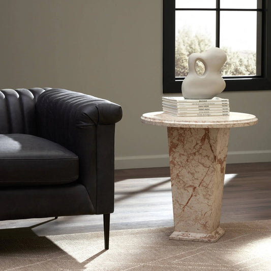 Eslo End Table by Four Hands in desert taupe marble. Made from solid marble in a modern style.