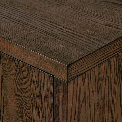 Torrington Media Console by Four Hands in umber oak, umber oak veneer and umber oak. Made from resawn oak, oak veneer in a modern style.