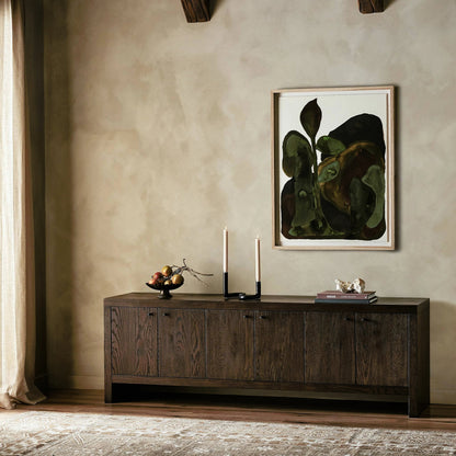 Torrington Media Console by Four Hands in umber oak, umber oak veneer and umber oak. Made from resawn oak, oak veneer in a modern style.
