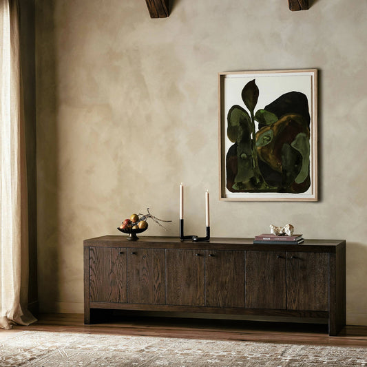 Torrington Media Console by Four Hands in umber oak, umber oak veneer and umber oak. Made from resawn oak, oak veneer in a modern style.