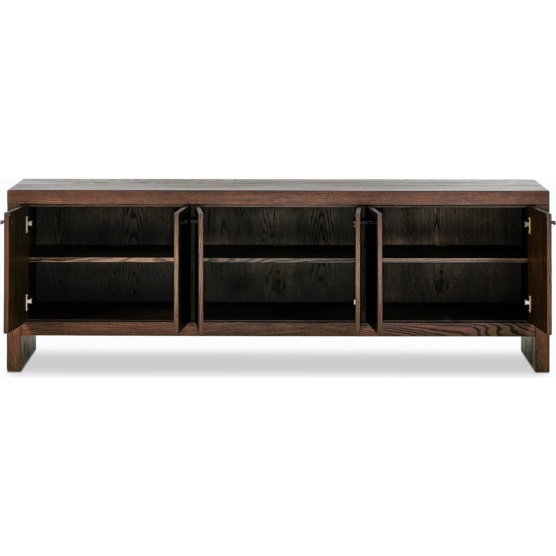 Torrington Media Console by Four Hands in umber oak, umber oak veneer and umber oak. Made from resawn oak, oak veneer in a modern style.
