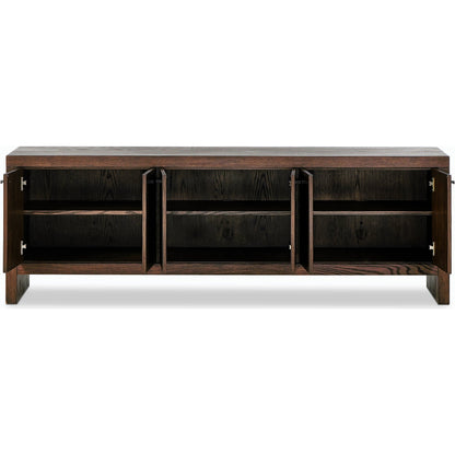 Torrington Media Console by Four Hands in umber oak, umber oak veneer and umber oak. Made from resawn oak, oak veneer in a modern style.
