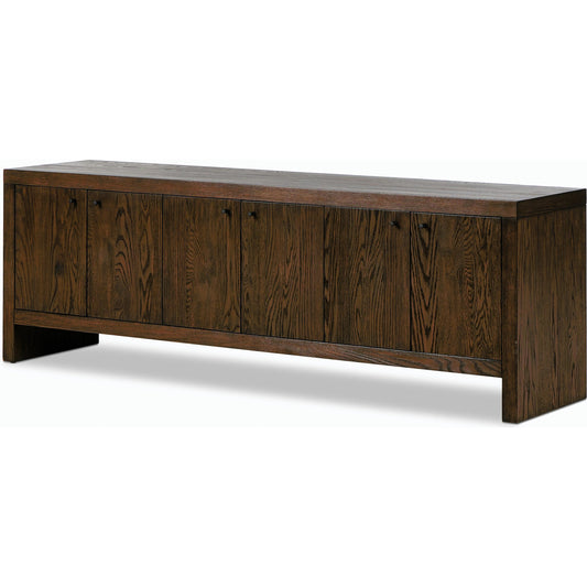 Torrington Media Console by Four Hands in umber oak, umber oak veneer and umber oak. Made from resawn oak, oak veneer in a modern style.
