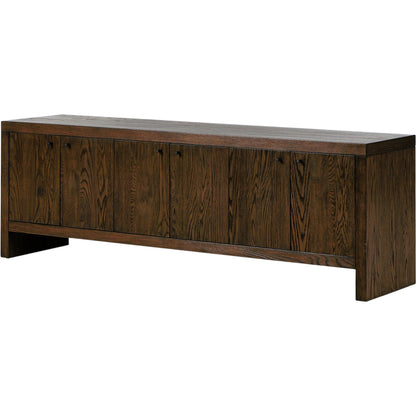 Torrington Media Console by Four Hands in umber oak, umber oak veneer and umber oak. Made from resawn oak, oak veneer in a modern style.