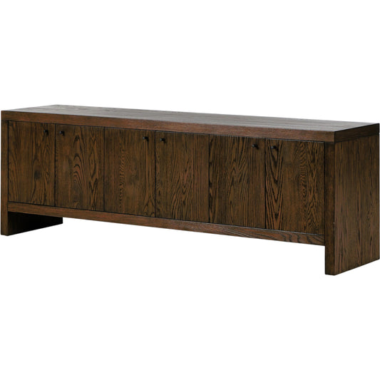 Torrington Media Console by Four Hands in umber oak, umber oak veneer and umber oak. Made from resawn oak, oak veneer in a modern style.