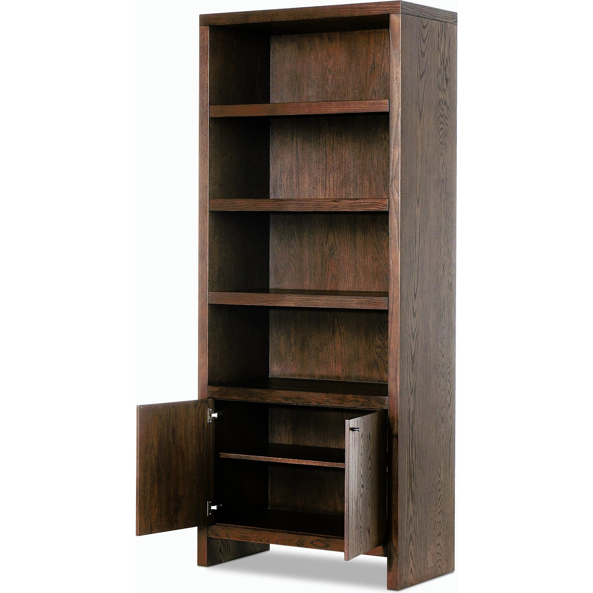 Torrington Bookcase by Four Hands in umber oak veneer. Made from oak veneer, resawn oak in a modern style.