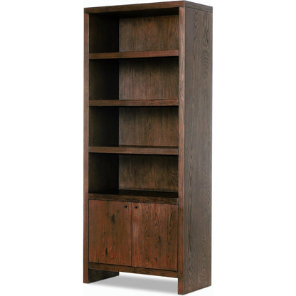 Torrington Bookcase by Four Hands in umber oak veneer. Made from oak veneer, resawn oak in a modern style.
