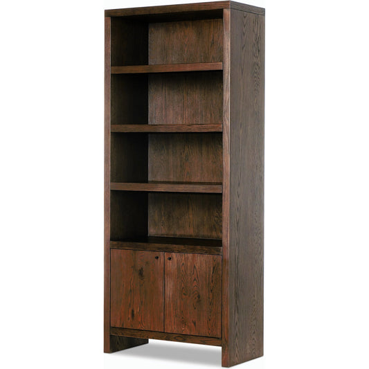 Torrington Bookcase by Four Hands in umber oak veneer. Made from oak veneer, resawn oak in a modern style.