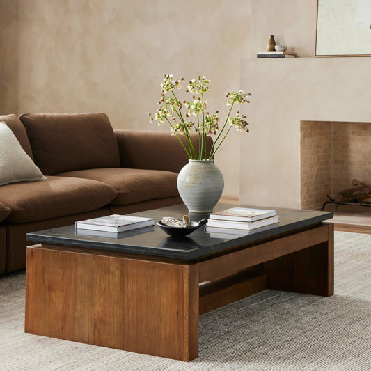 Kenneth Coffee Table by Four Hands in dove oak, polished black marble. Made from solid marble, solid oak in a modern style.