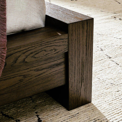 Torrington Bed by Four Hands in umber oak. Made from resawn oak in a modern style.