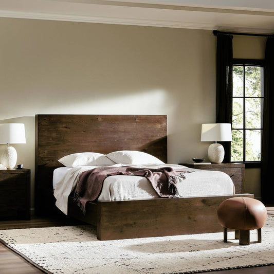 Torrington Bed by Four Hands in umber oak. Made from resawn oak in a modern style.
