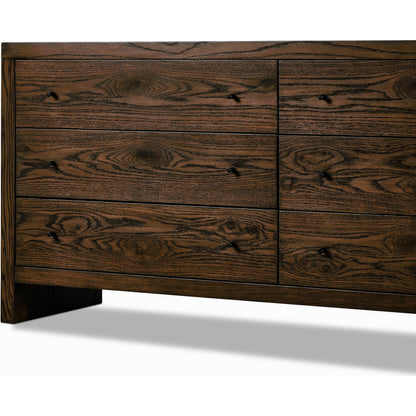 Torrington 6 Drawer Dresser by Four Hands in umber oak, umber oak veneer and umber oak. Made from resawn oak, oak veneer in a modern style.