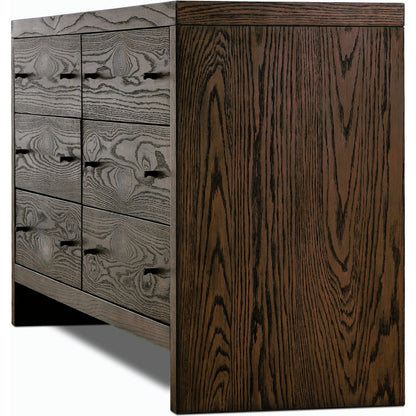Torrington 6 Drawer Dresser by Four Hands in umber oak, umber oak veneer and umber oak. Made from resawn oak, oak veneer in a modern style.
